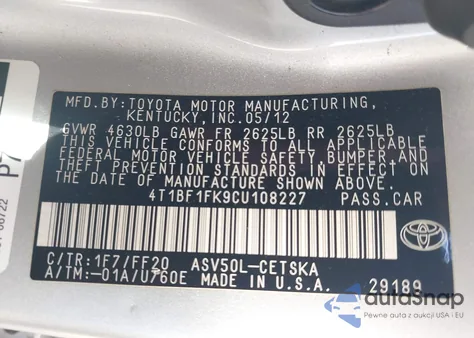 2012 Toyota Camry Se из США, поврежденный, VIN 4T1BF1FK9CU108227